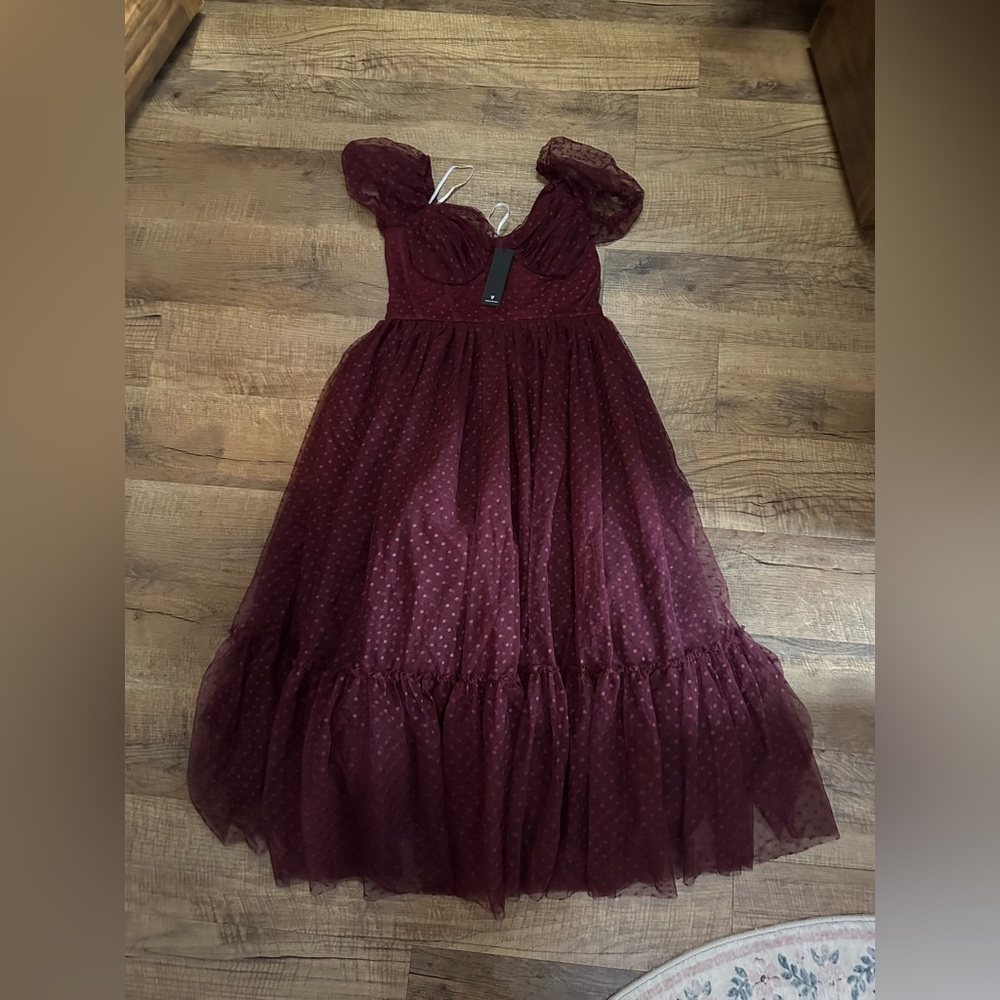Lulus Sweet Amor Burgundy Tulle Swiss Dot Tiered Bustier Midi Dress - Picture 4 of 5